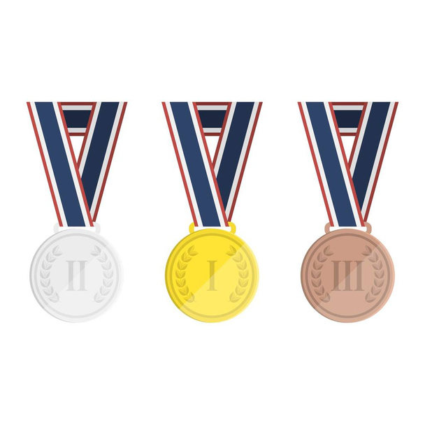 Conjunto de medallas de oro, plata y bronce con cintas icono. Hoja de laurel en medalla. Premio al campeonato. Logro, concepto de victoria. Ilustración vectorial - Vector, Imagen