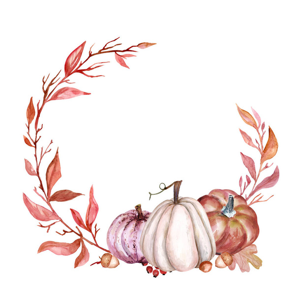 Watercolor Autumn Clipartwith white beige orange pumpkins Fall Clip Art Fall Leaves Berries Acorns Fall - Thanksgiving PNG - Foto, Imagen
