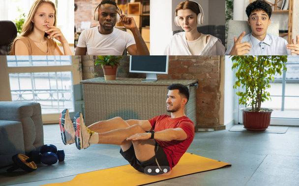 Collage made of young multiethnic men and women watching online sport trainings, using video app. PC, laptop screen with fitness coach - Foto, Imagen