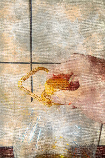 Eine Hand hält eine große Plastikflasche mit Küchenöl. Ein Mann öffnet den gelben Korken - Foto, Bild