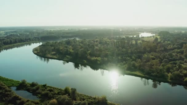 Політ Дронів влітку вранці над звивистим берегом річки. - Кадри, відео