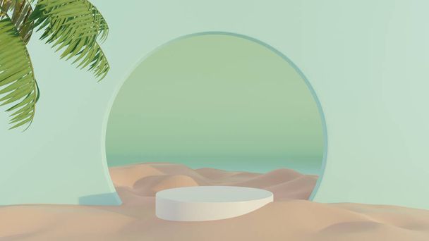 3D-Rendering Natürliche Sommer-Strandkulisse mit weißem Zylinder und Palme zur Produktpräsentation - Foto, Bild