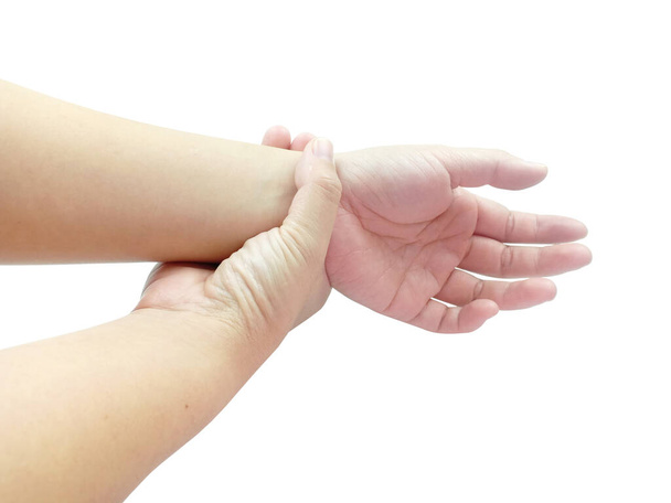 Žena ruka gesto pro ruční mytí krok izolované na bílém pozadí s výstřižkem cesta. - Fotografie, Obrázek