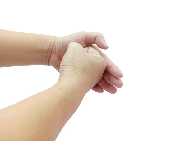 Жест женской руки для мытья рук шаг изолирован на белом фоне с вырезанием пути. - Фото, изображение