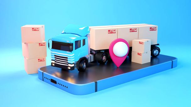 e-commerce koncept, doručení služby na mobilní aplikace, Přeprava nákladním vozidlem, 3D vykreslování - Fotografie, Obrázek