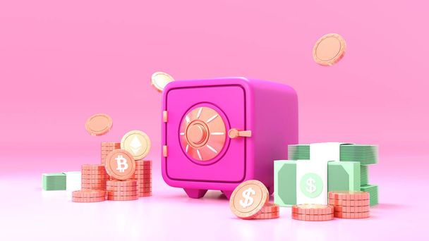 rosa Caja de seguridad con monedas criptomoneda bitcoin y pilas de dólar vista de fuente en efectivo sobre fondo rosa. 3d renderizar - Foto, Imagen