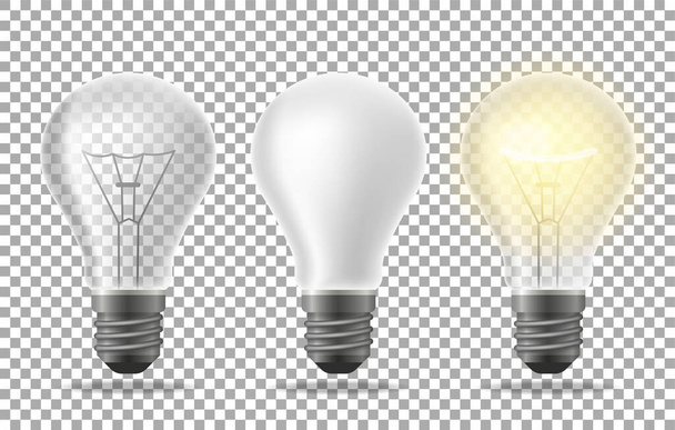Set of realistic lightbulbs on transparent background - Vector, Image