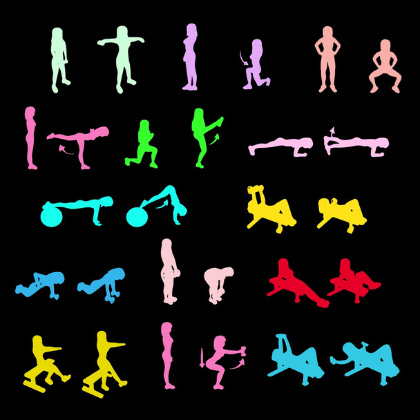 fitness gyakorlatok ikonok beállítása - Vektor, kép