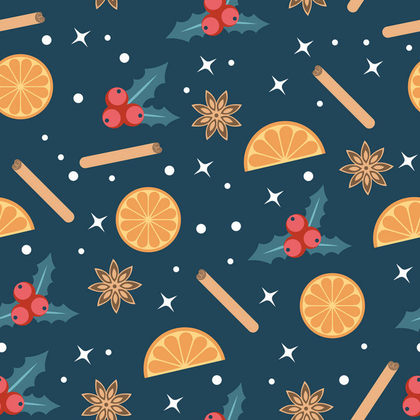 Merry Christmas background with and holly berries and oranges on blue - Vector, Imagen