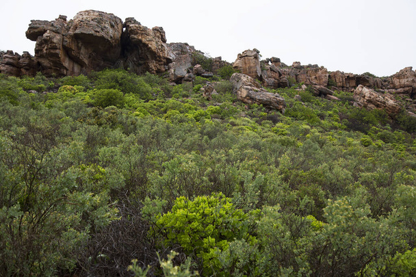 site historique Heerenlogement, ancien campement colonial sauvage dans la colonie du Cap (Cap occidental) sous une falaise surplombant un séjour en plein air - Photo, image