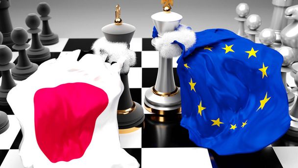 Japón UE Europa crisis, choque, conflicto y debate entre esos dos países que apunta a un acuerdo comercial o dominio simbolizado por un juego de ajedrez con banderas nacionales, ilustración 3d - Foto, Imagen