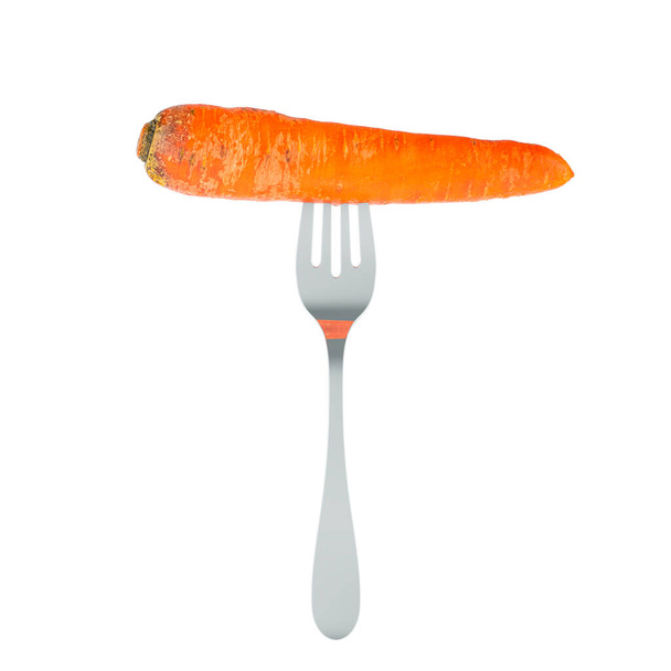Zanahoria fresca en tenedor, representación 3D aislada sobre fondo blanco - Foto, Imagen