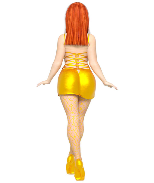 3D sexy girl short evening leather dress.Fishnet tights pantyhose.Woman retro style.High heel.Conceptual fashion art render.Femme fatale. - Valokuva, kuva