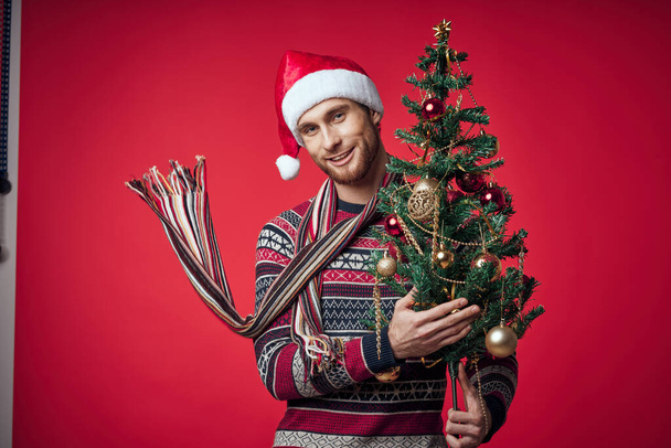 uomo con albero di Natale in mano giocattoli decorazione vacanza nuovo anno - Foto, immagini