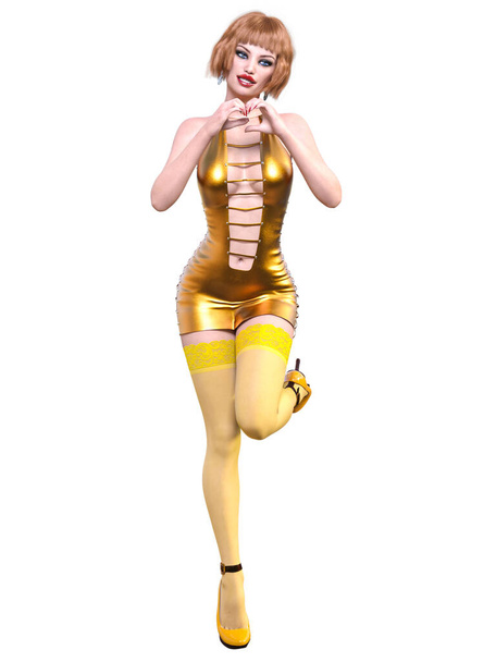 Beautiful woman yellow short evening latex mini dress and stocking.Summer clothes collection.Woman studio photography.Conceptual fashion art.Femme fatale.3D Render. - 写真・画像