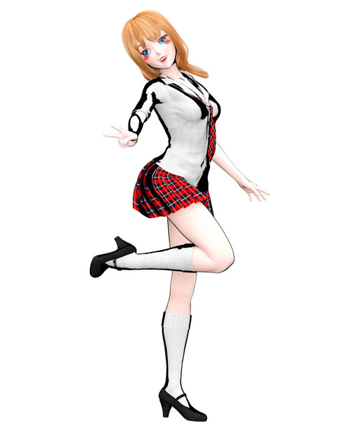 3D sexy anime doll japanese schoolgirl skirt big blue eyes and bright makeup.Comic cosplay hero.Cartoon, comics, manga illustration.Conceptual fashion art.Isolate render - Фото, изображение