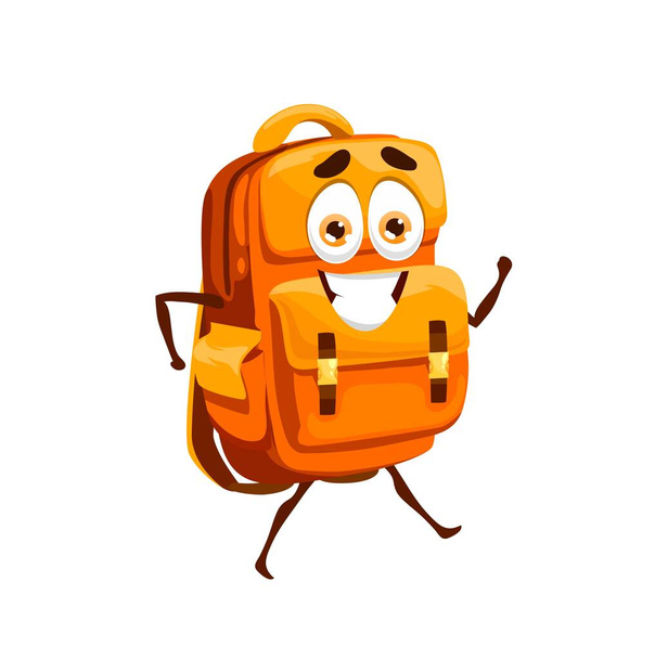Cartoon sac d'école, personnage de mascotte sac d'école. Sac à dos orange drôle avec visage souriant heureux, objet de papeterie scolaire ou accessoire pour les élèves personnage vecteur isolé mignon - Vecteur, image