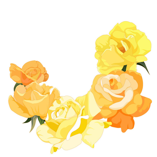 Bouquet of blooming Yellow Roses in Cartoon design style, vector Garden Roses blossoming on white isolated background for prints, patterns, stickers, postcards, icons for social media, apps, websites. - Vector, Image