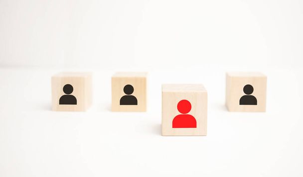 Social distance COVID-19, Human resource management and recruitment business concept. Wooden cube blocks are different with human icons, red, prominent crowds - Fotoğraf, Görsel