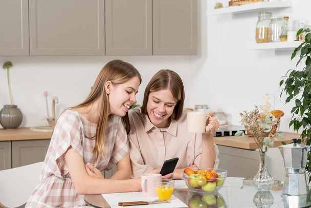 Cute teenage girls discussing curious video in smartphone - Photo, Image