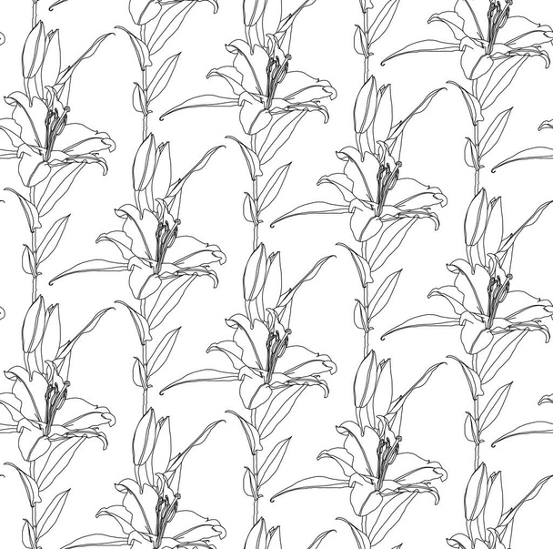 Floral seamless pattern of black linear drawing of lily flowers - Vector, Image