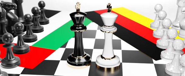 Verenigde Arabische Emiraten en Duitsland conflict, botsing, crisis en debat tussen die twee landen die streeft naar een handelsovereenkomst en dominantie gesymboliseerd door een schaakspel met nationale vlaggen, 3d illustratie - Foto, afbeelding