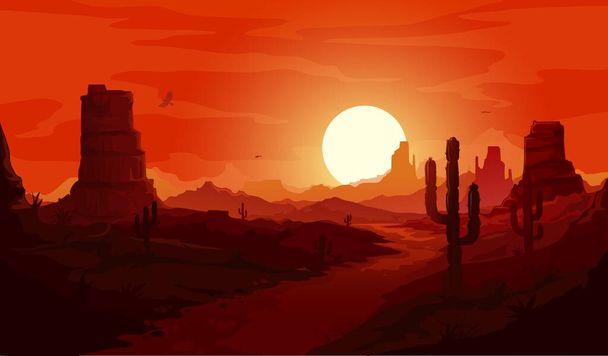 American desert landscape. Texas western mountains and cactuses, condor eagles and sunset background. Vector Wild West dry desert landscape with path go through rocks under red sky at dusk - Vector, Image