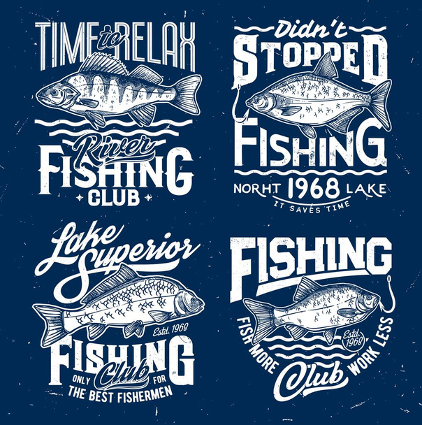 Tshirt prints with fish sea bass, bream, carp and crucian on sea waves. Sketch vector mascots for fishing club, marine fishes emblems for t shirt. Ocean sport team grunge prints for apparel design set - Vector, Image