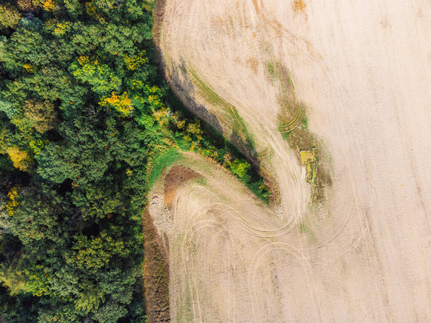 Cultivated and plowed fields from above. A small piece of forest extends into the field. - Fotografie, Obrázek