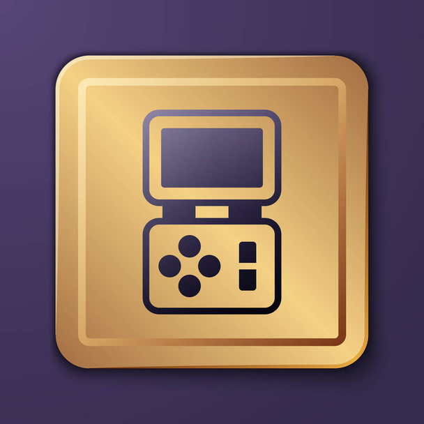 Purple Portable tetris icono del juego electrónico aislado sobre fondo púrpura. Estilo vintage juego de ladrillo de bolsillo. Dispositivo de reproducción interactivo. Botón cuadrado dorado. Vector - Vector, imagen