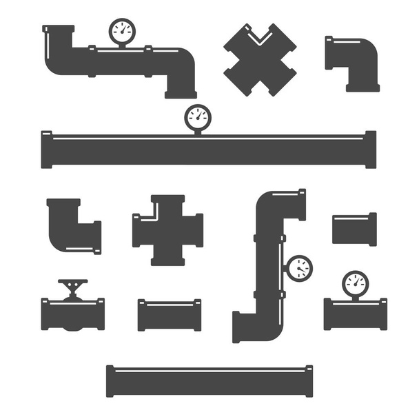Csőszerelvények vektor ikonok beállítva. Csőipar, építőipari csővezeték, vízelvezető rendszer - Vektor, kép