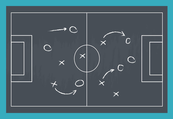 Plan de estrategia de juego de fútbol o fútbol aislado en textura de pizarra con tiza frotada fondo. Elemento de infografía deportiva - Vector, Imagen
