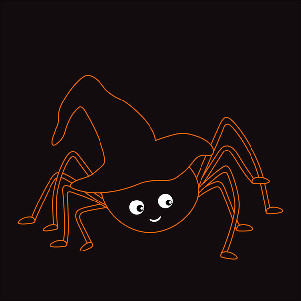 Orange neon silhouette of spider in witch hat on black background. - Vector, afbeelding