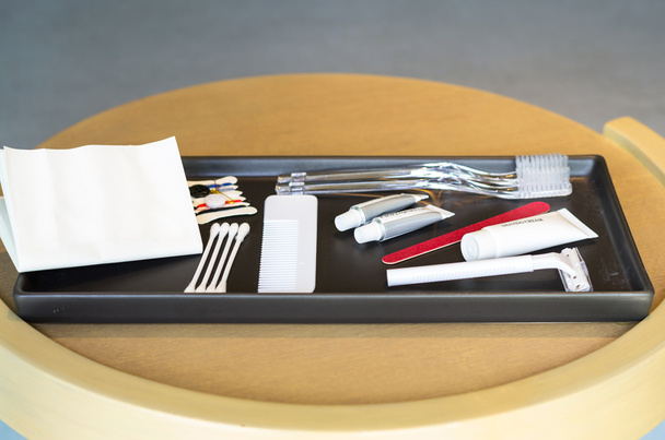 hotel amenities kit on tray - Fotoğraf, Görsel