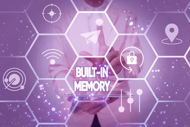 Conceptual caption Built In Memory. Business idea device or feature are included in something as a part of it Lady In Uniform Holding Tablet In Hand Virtually Tapping Futuristic Tech. - Photo, Image