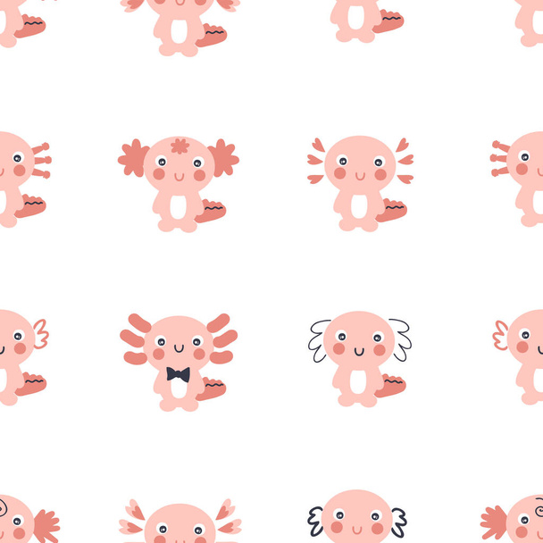 Cartoon style seamless pattern with axolotls. Perfect for T-shirt, textile and prints. Hand drawn vector illustration for decor and design. - Вектор, зображення