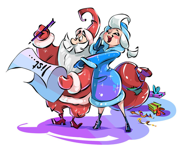 Cartoon Santa Claus and the snow maiden read the list. Grandfather Frost and Snow Maiden on a white background Funny New Year characters. - Vector, Image