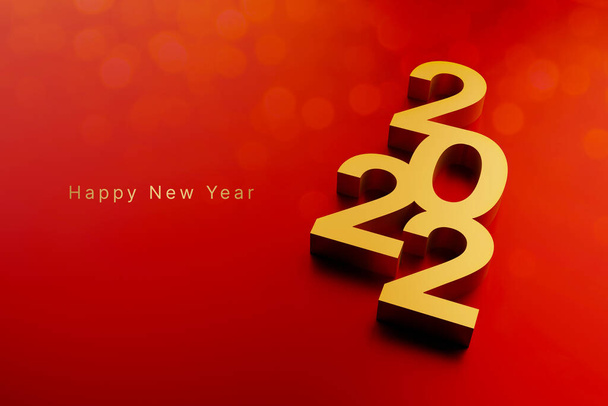 Feliz Navidad y feliz año nuevo cuenta atrás para el concepto 2022. Año 2022 sobre fondo rojo con bokeh. Ilustración de representación 3d - Foto, Imagen