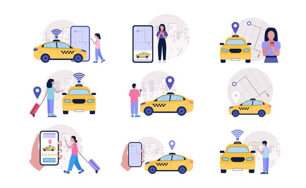 Taxi service concept. People using online taxi service - Вектор, зображення