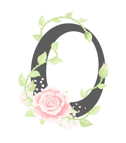 Vector floral alphabet letter O with pink cream rose flowers and green leaves - Vector, Image
