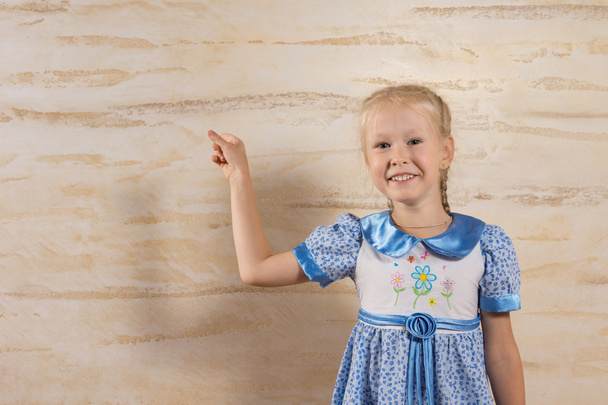 Cute Young Girl in Dress Isolated Wooden Wall - Foto, Bild
