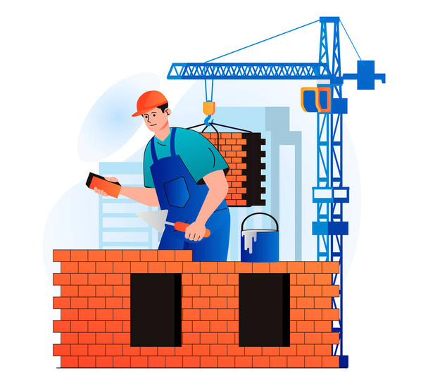 Construction engineer concept in modern flat design. Builder makes brickwork and builds wall of house. Bricklayer or handyman working on construction site. Real estate business. Vector illustration - Vector, Image