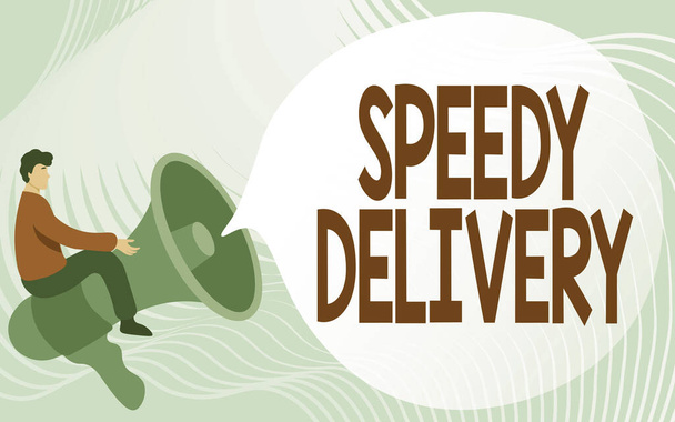 Kézírás szöveg Speedy Delivery. Üzleti ötlet a termékek gyors vagy ugyanazon a napon szállítás tengerentúli Úriember rajz lovaglás Big Megaphone Beszédbuborék megjelenítése. - Fotó, kép