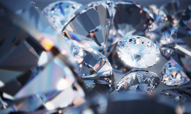 美しい3Dレンダリングブラックの背景にブリリアントカットの光沢のあるダイヤモンド、クリスタルの背景 - 写真・画像