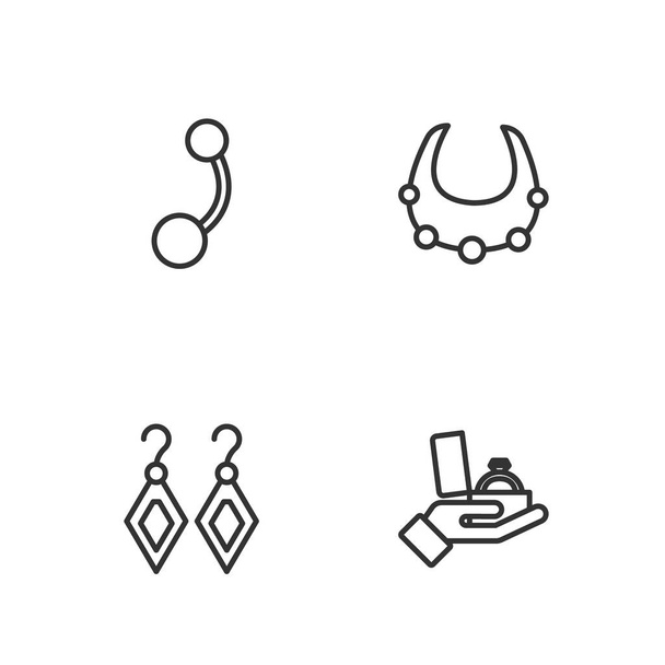 Set Linie Diamant Verlobungsring in Box, Ohrringe, Piercing und Halskette Symbol. Vektor - Vektor, Bild