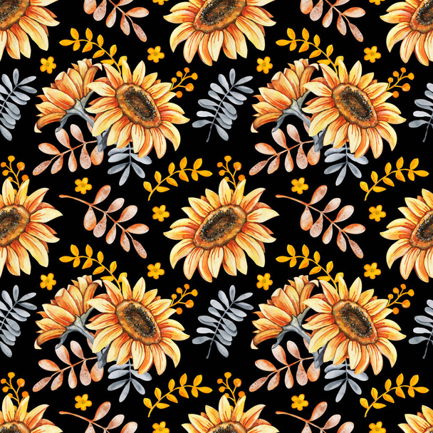 Autumn bouquet of sunflower, berries, fallen leaves. Seamless pattern with flower arrangement, watercolor illustration on a black background. Halloween holiday design, Thanksgiving, harvest - Photo, Image