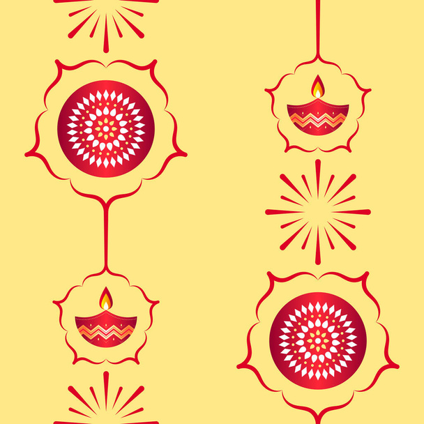 Exquisite Mandala Pattern With Lit Oil Lamps (Diya) Hang And Fireworks On Yellow Background. - Vector, Image