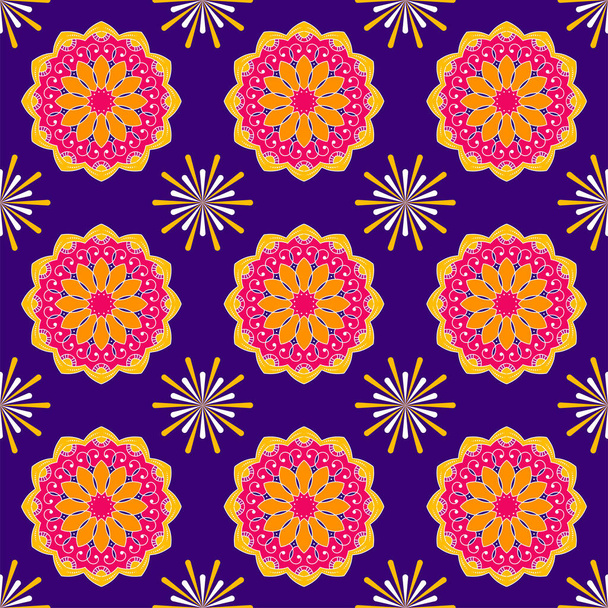 Seamless Mandala Pattern And Fireworks Background. - Vektor, kép