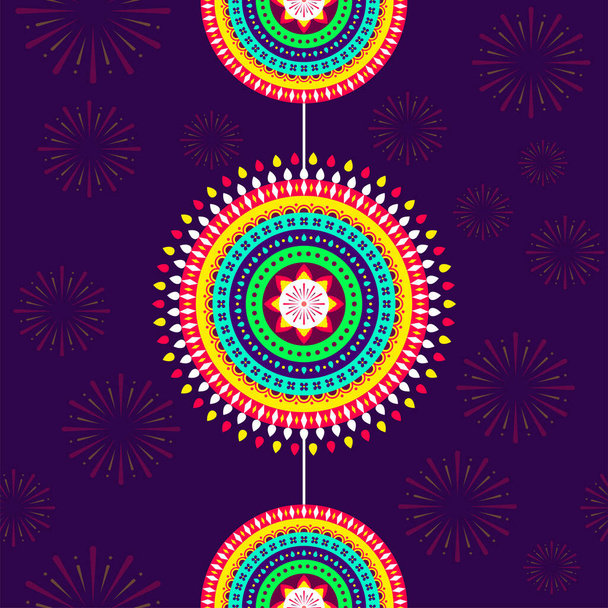 Colorful Mandala Hang On Purple Fireworks Pattern Background. - Vektör, Görsel