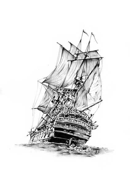 Antique boat sea motive drawing handmade - Photo, Image